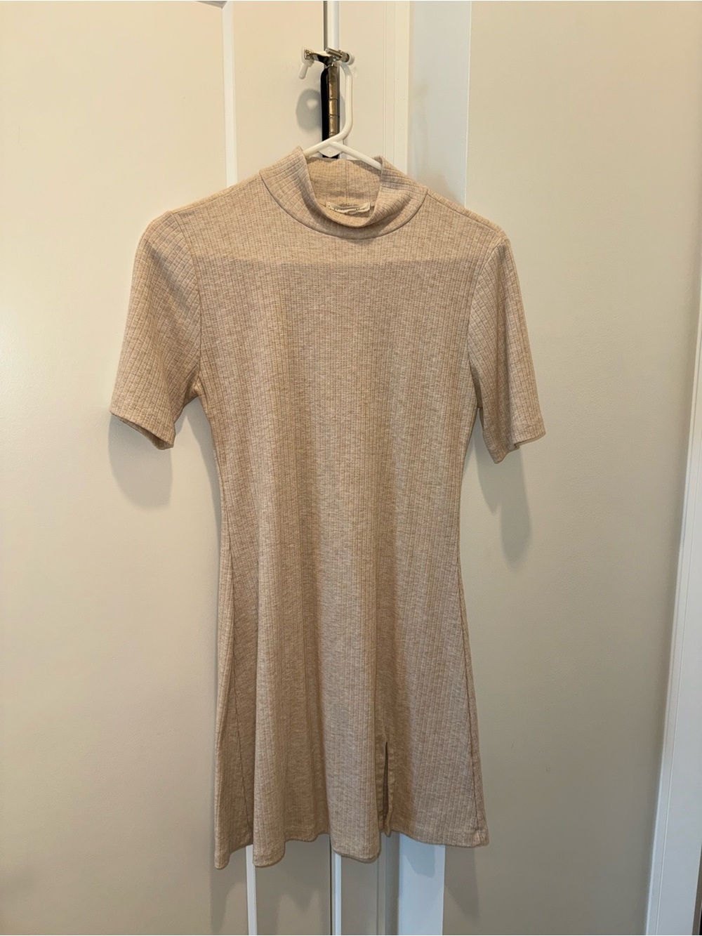 Together Beige Ribbed Short-Sleeve Turtleneck Mini Dress